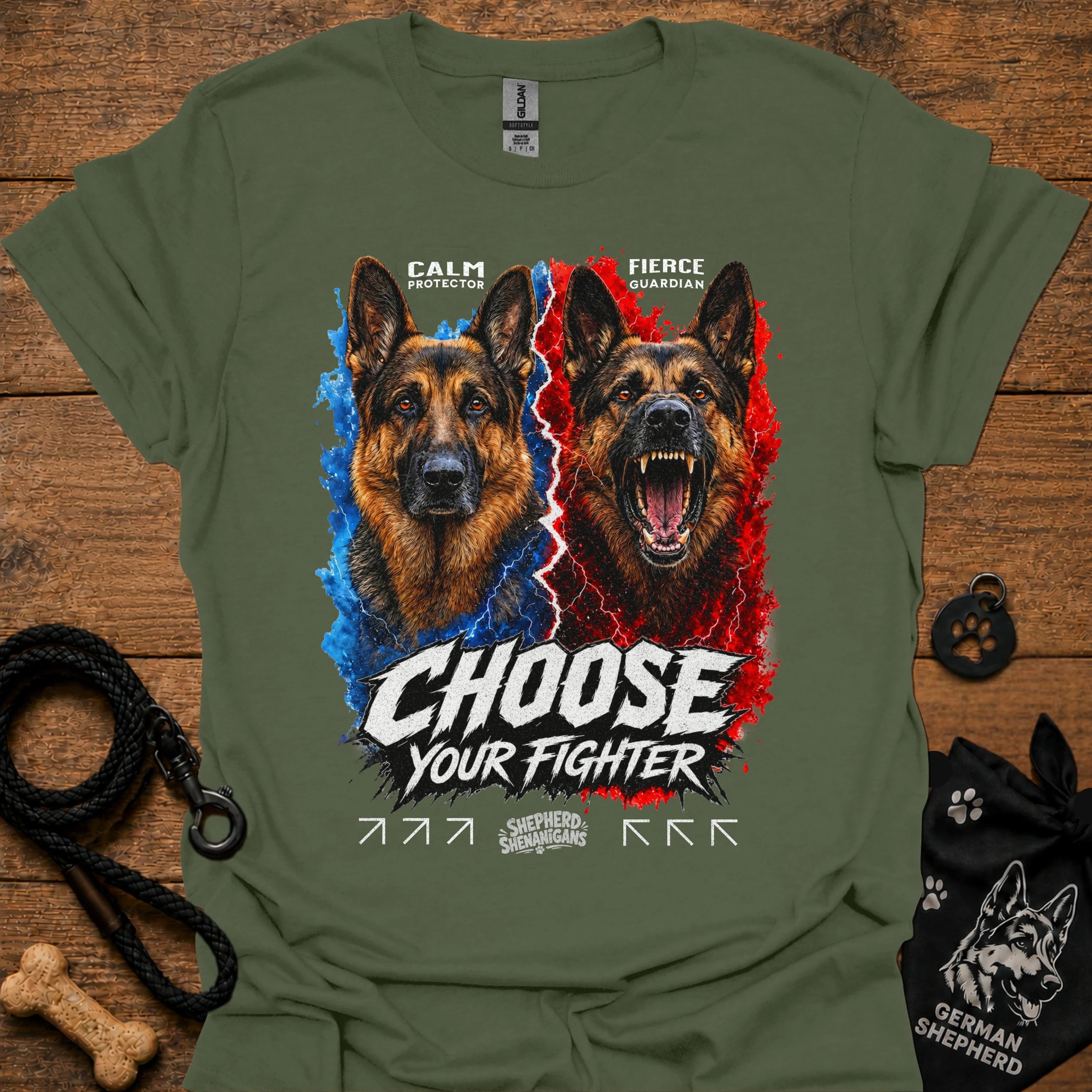 Military green T-shirt with German shepherd graphic and “Choose Your Fighter” text