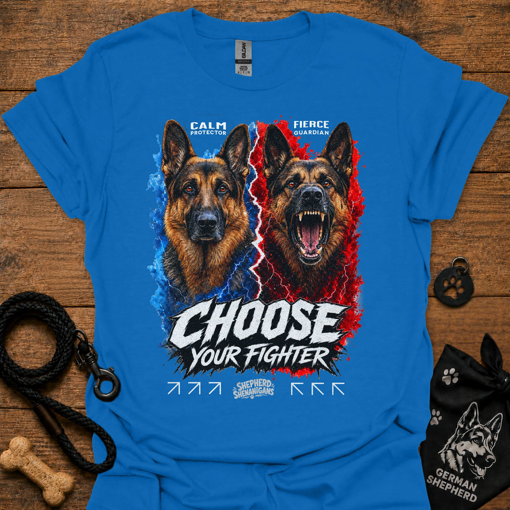Royal blue T-shirt with German shepherd graphic and “Choose Your Fighter” text