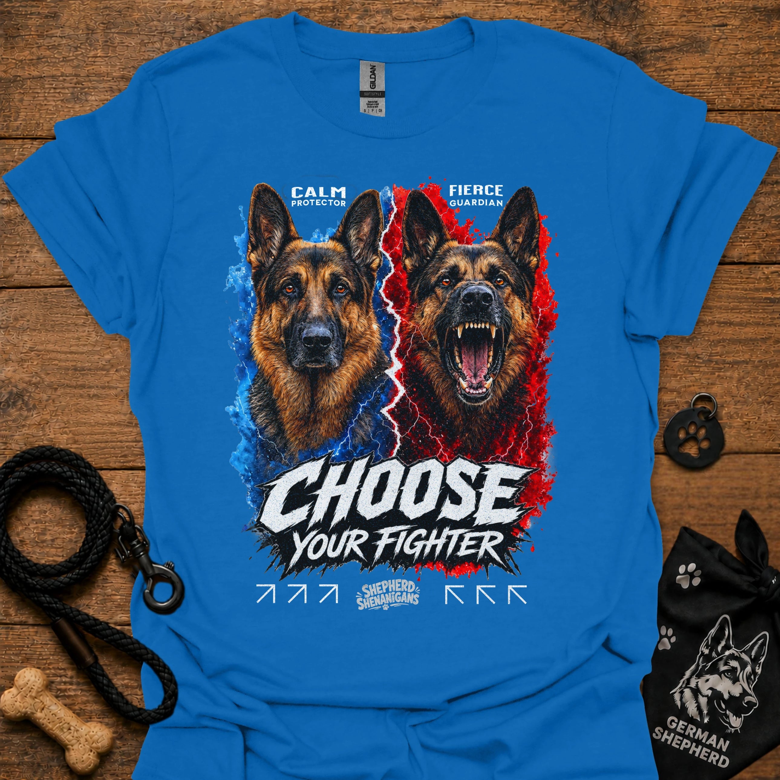 Royal blue T-shirt with German shepherd graphic and “Choose Your Fighter” text