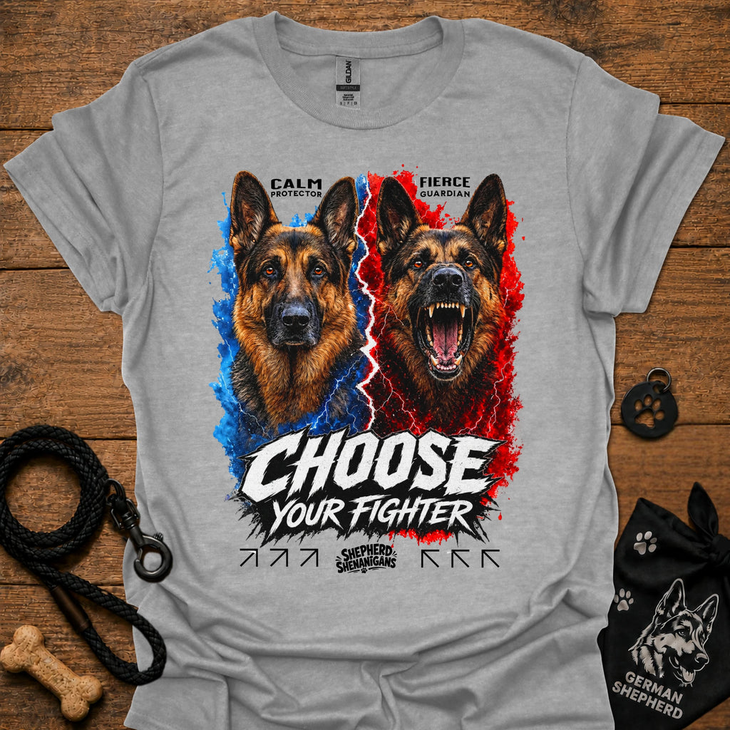 Heather gray T-shirt with German shepherd graphic and “Choose Your Fighter” text