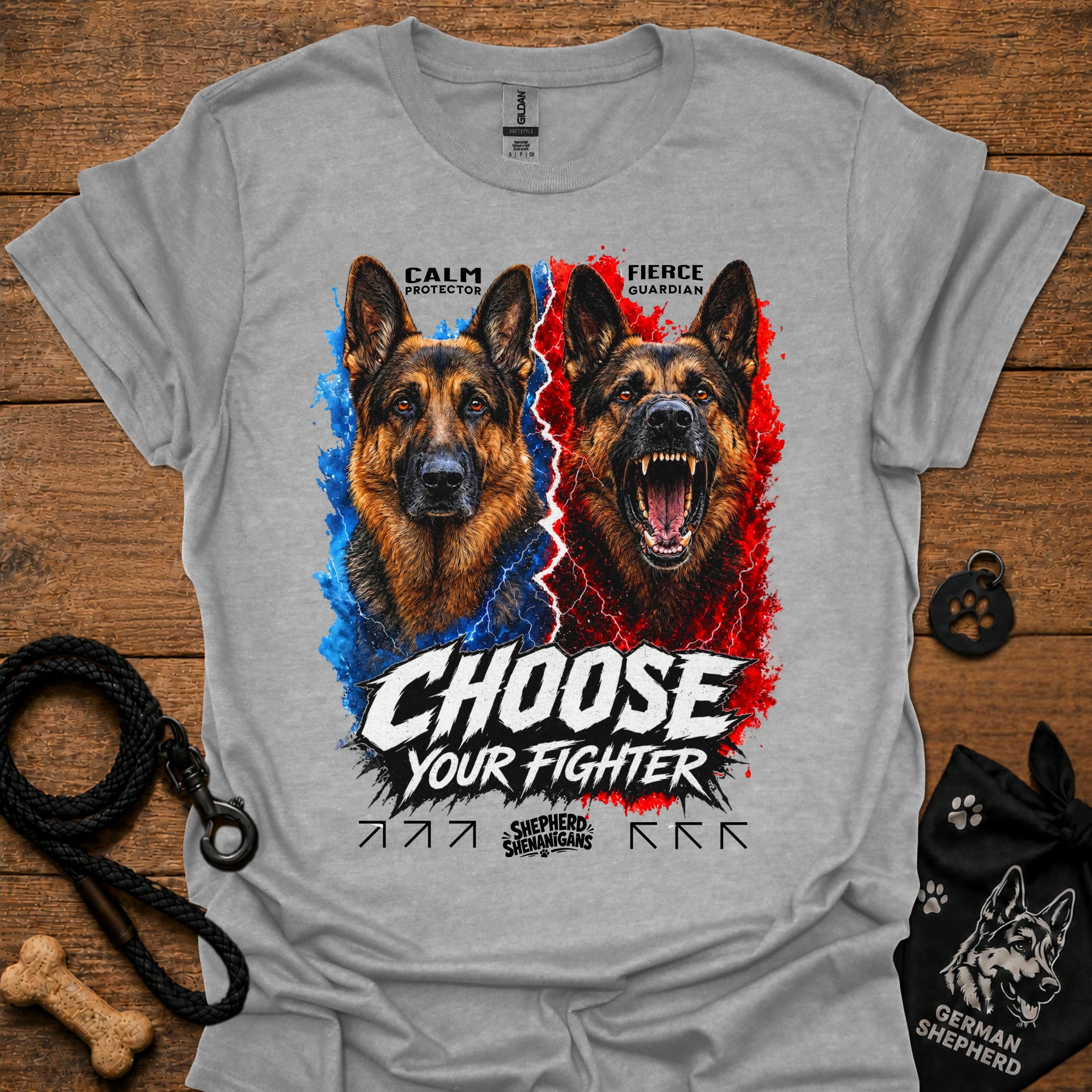 Heather gray T-shirt with German shepherd graphic and “Choose Your Fighter” text