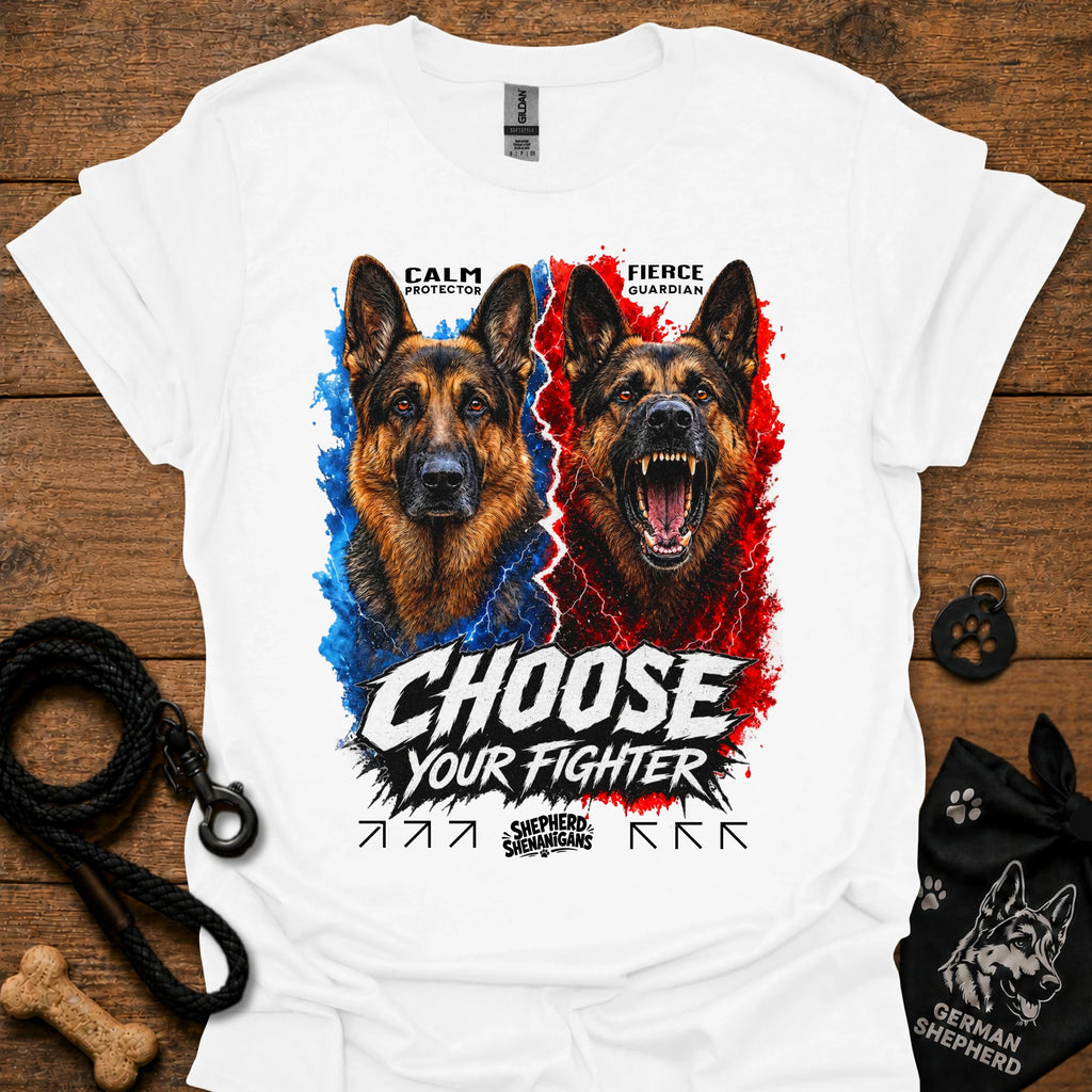 White T-shirt with German shepherd graphic and “Choose Your Fighter” text