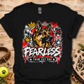 Black crewneck t-shirt with German shepherd graphic and bold Fearless text