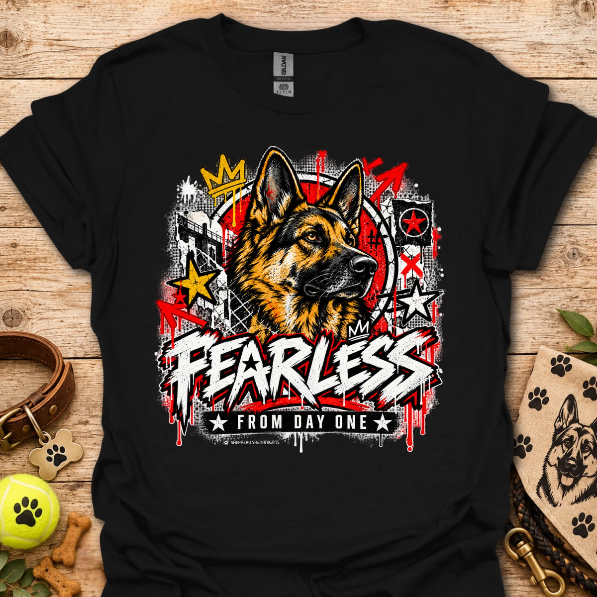 Black crewneck t-shirt with German shepherd graphic and bold Fearless text