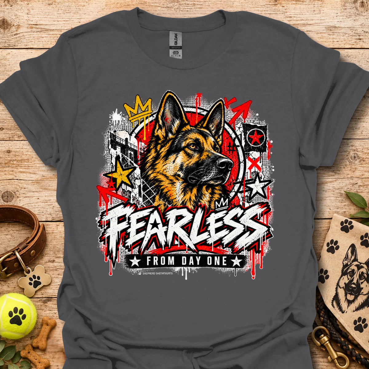 Charcoal crewneck t-shirt with German shepherd graphic and bold Fearless text