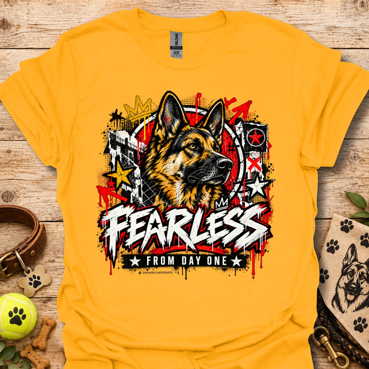 Gold crewneck t-shirt with German shepherd graphic and bold Fearless text