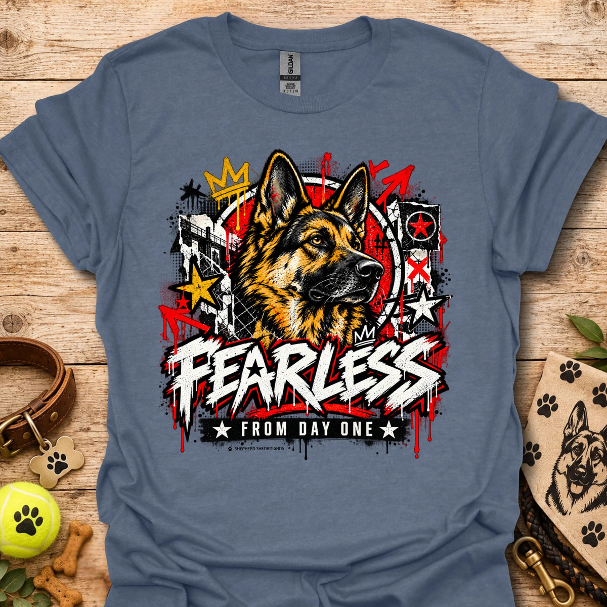 Navy crewneck t-shirt with German shepherd graphic and bold Fearless text