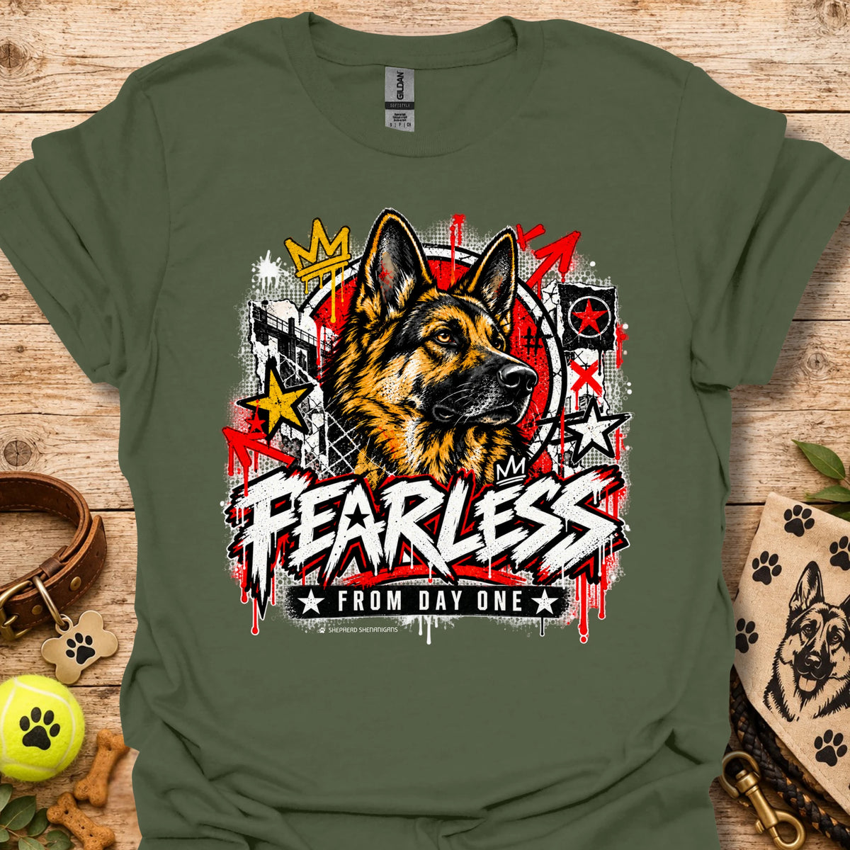 Military green crewneck t-shirt with German shepherd graphic and bold Fearless text