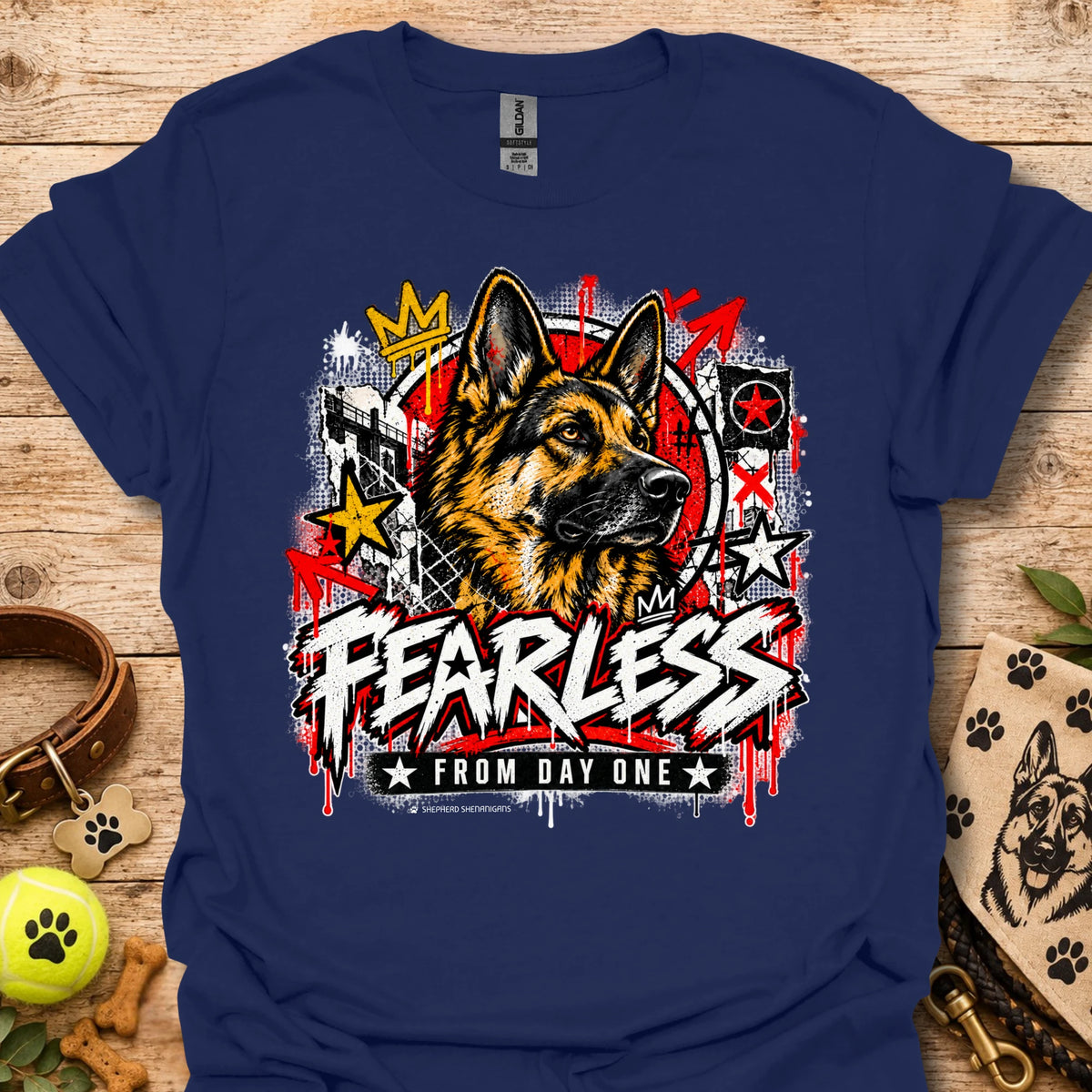 Royal blue crewneck t-shirt with German shepherd graphic and bold Fearless text