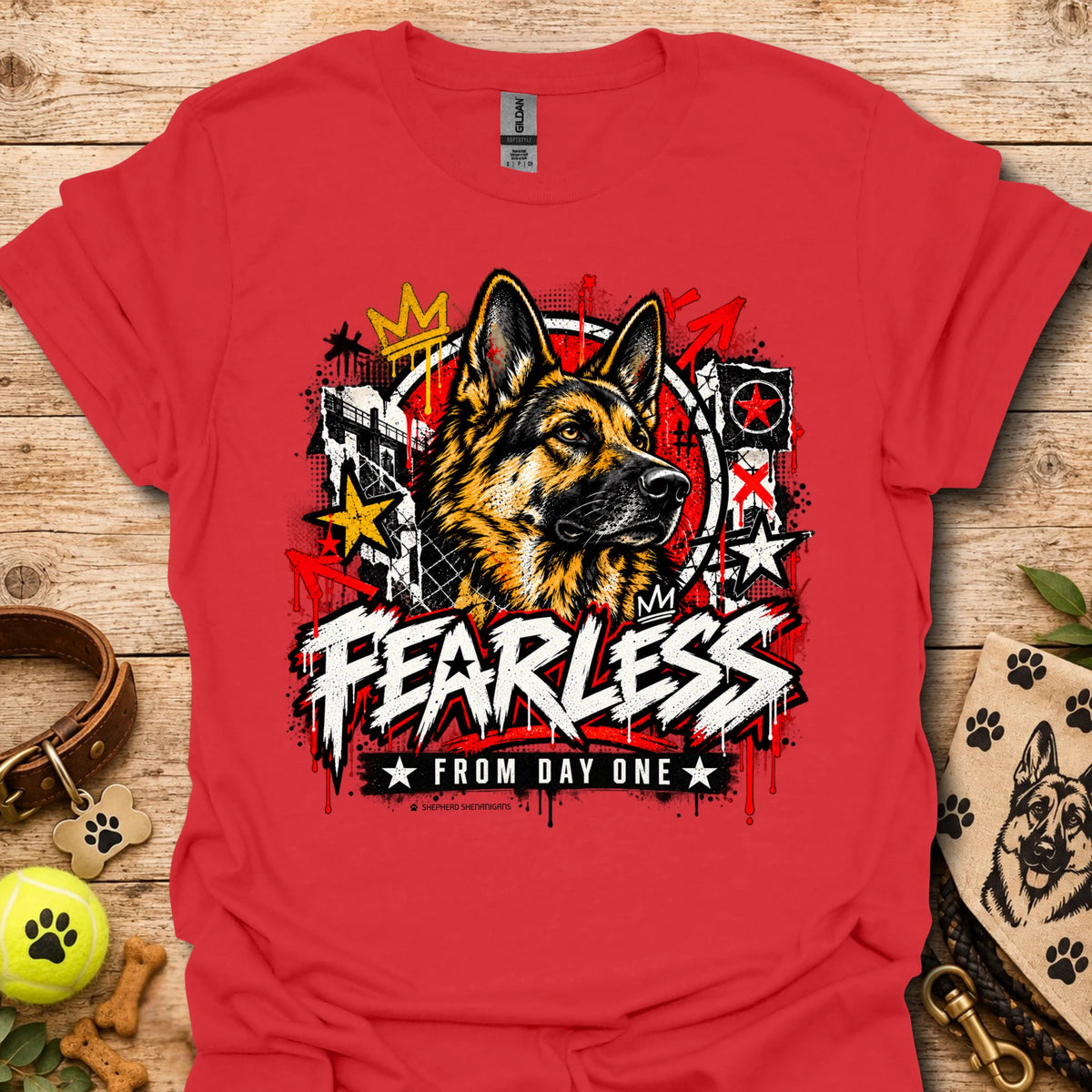 Red crewneck t-shirt with German shepherd graphic and bold Fearless text
