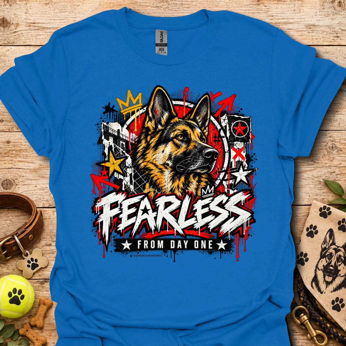 Heather indigo crewneck t-shirt with German shepherd graphic and bold Fearless text