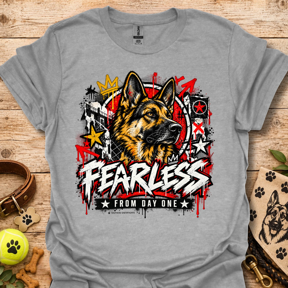 Sport grey crewneck t-shirt with German shepherd graphic and bold Fearless text