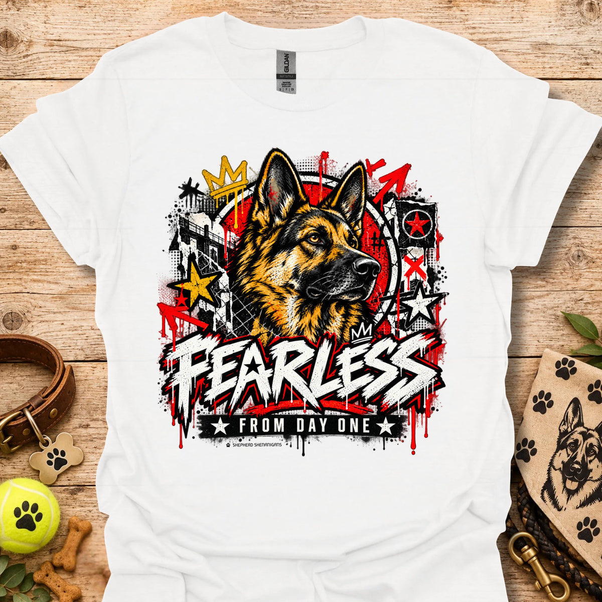 White crewneck t-shirt with German shepherd graphic and bold Fearless text
