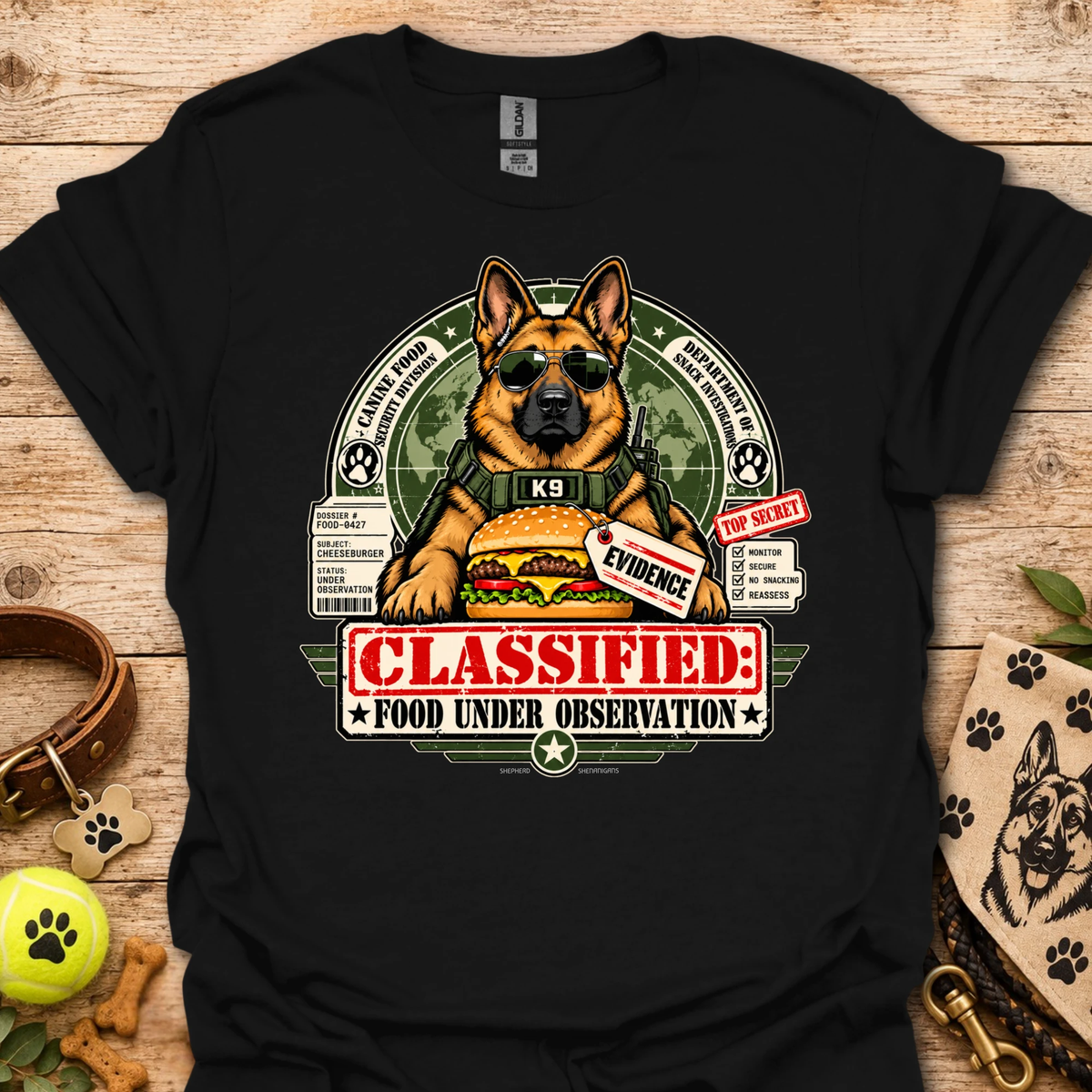 Food Under Observation graphic t-shirt in black with K9 "CLASSIFIED" dog print