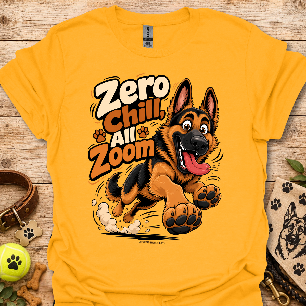 Yellow crew-neck T-shirt with German shepherd cartoon graphic and paw prints