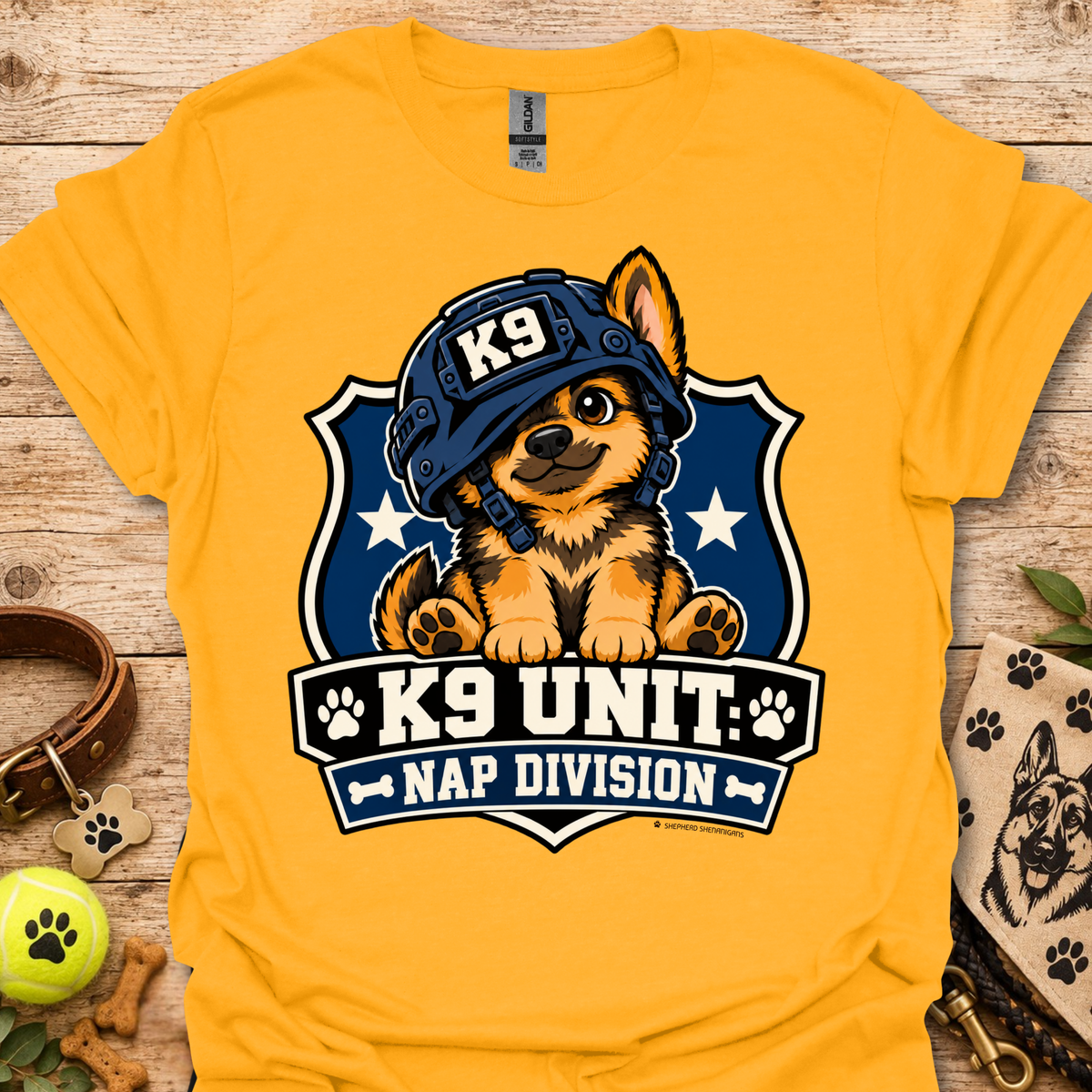 Mustard yellow T-shirt with K9 Unite Nap Division dog graphic on the front.