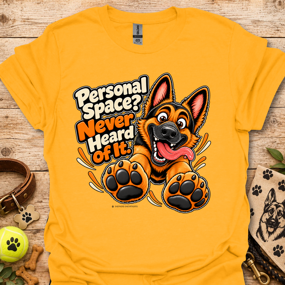 Yellow crew-neck graphic T-shirt with German shepherd and paw print design
