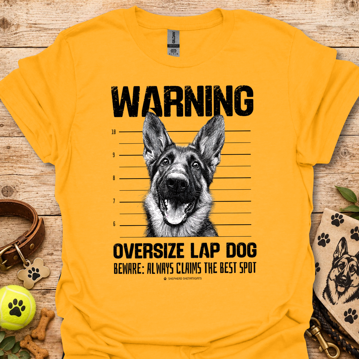 Dog graphic warning T-shirt, mustard yellow with German shepherd portrait print