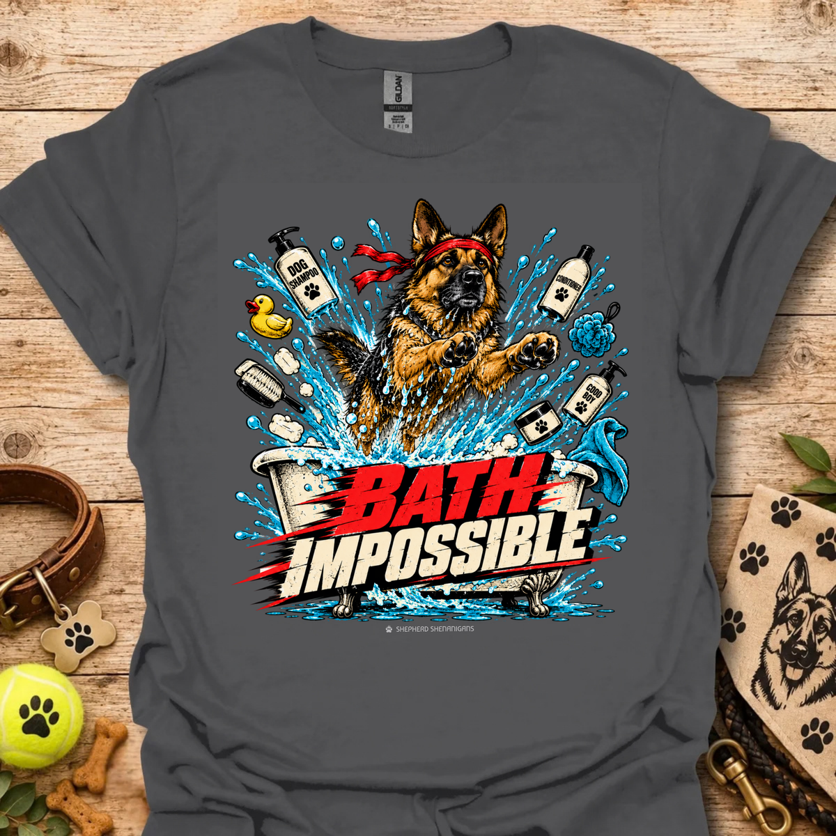 Graphic dog bath T-shirt in charcoal gray with colorful splash and dog portrait print