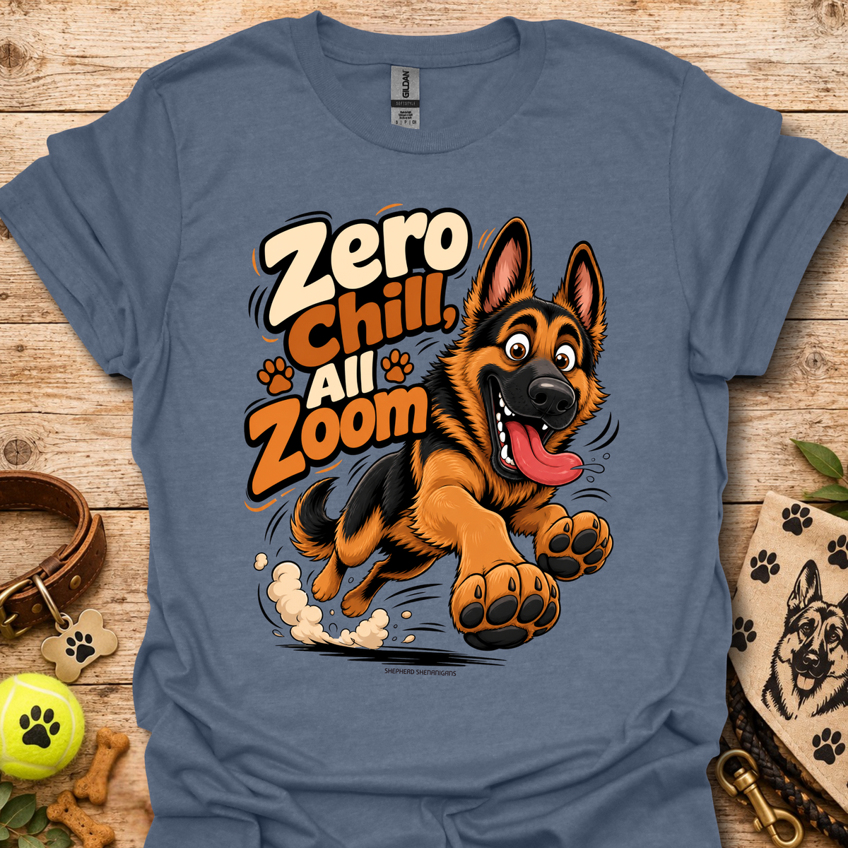 Blue crew-neck T-shirt with German shepherd cartoon graphic and paw prints