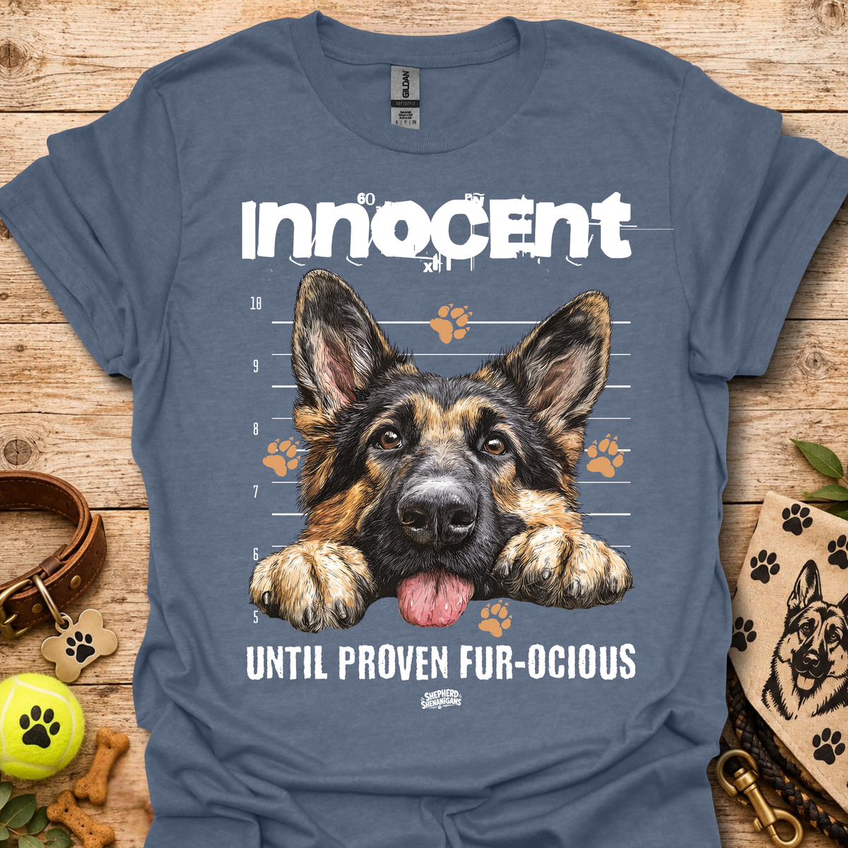 Heather indigo T-shirt with German shepherd graphic and "Until Proven Fur-ocious" slogan