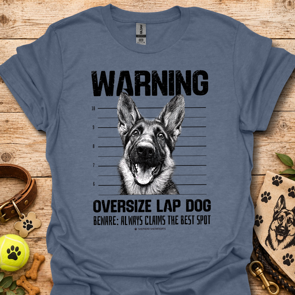 Dog graphic warning T-shirt, slate blue with German shepherd portrait print