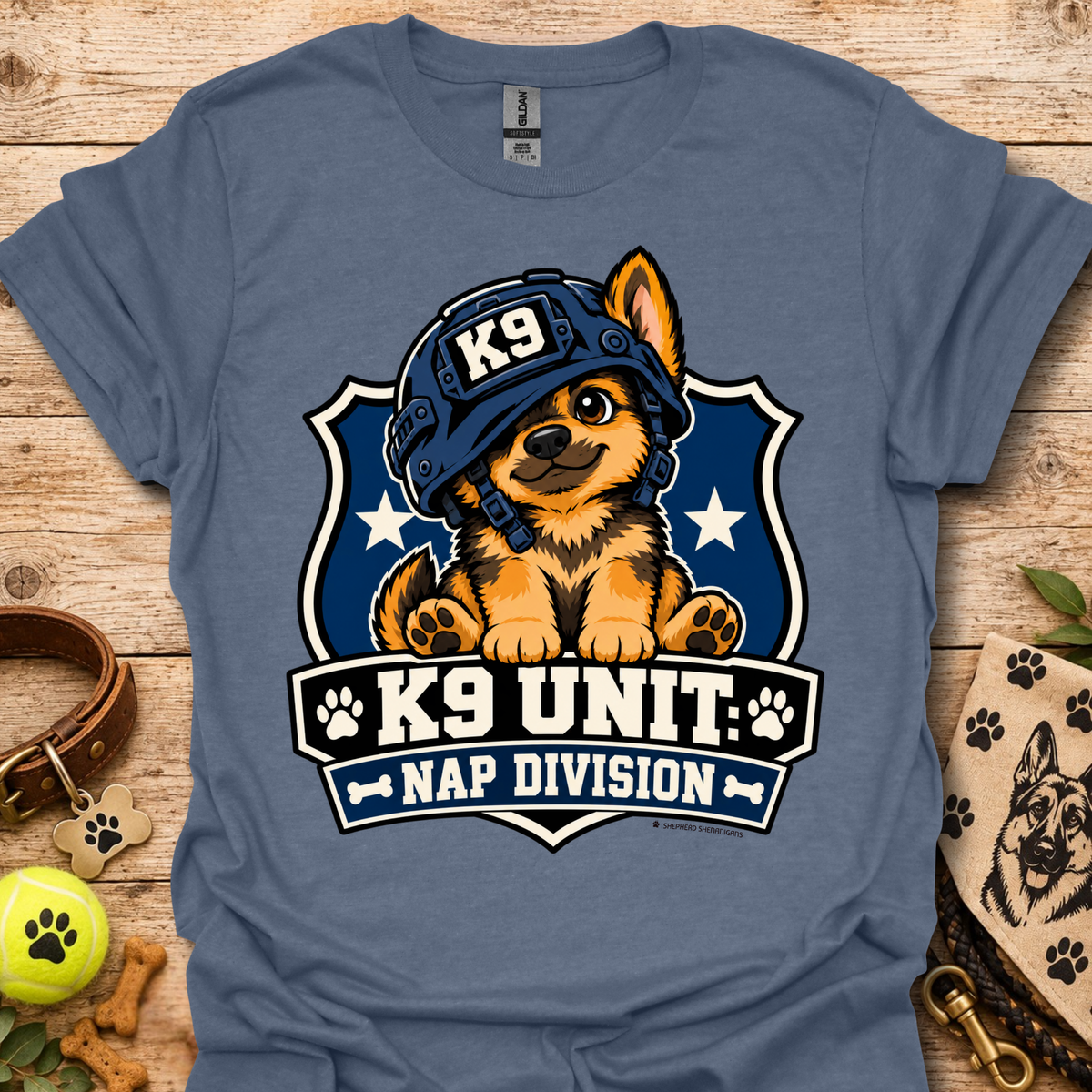 Slate blue T-shirt with K9 Unite Nap Division dog graphic on the front.