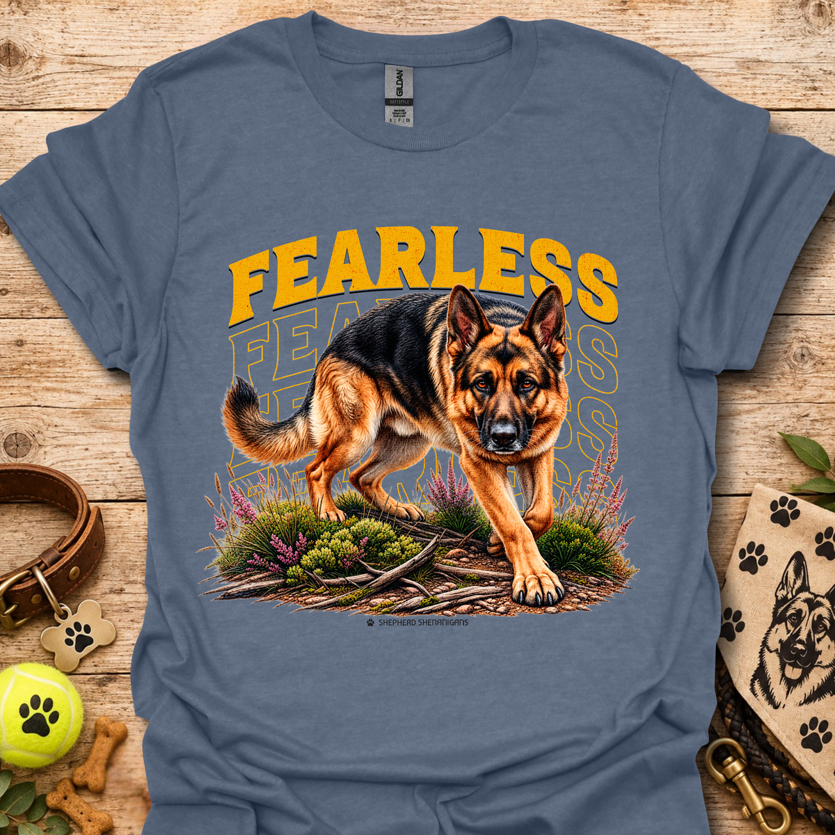 Heather blue Fearless dog graphic T-shirt with bold yellow 'FEARLESS' front print