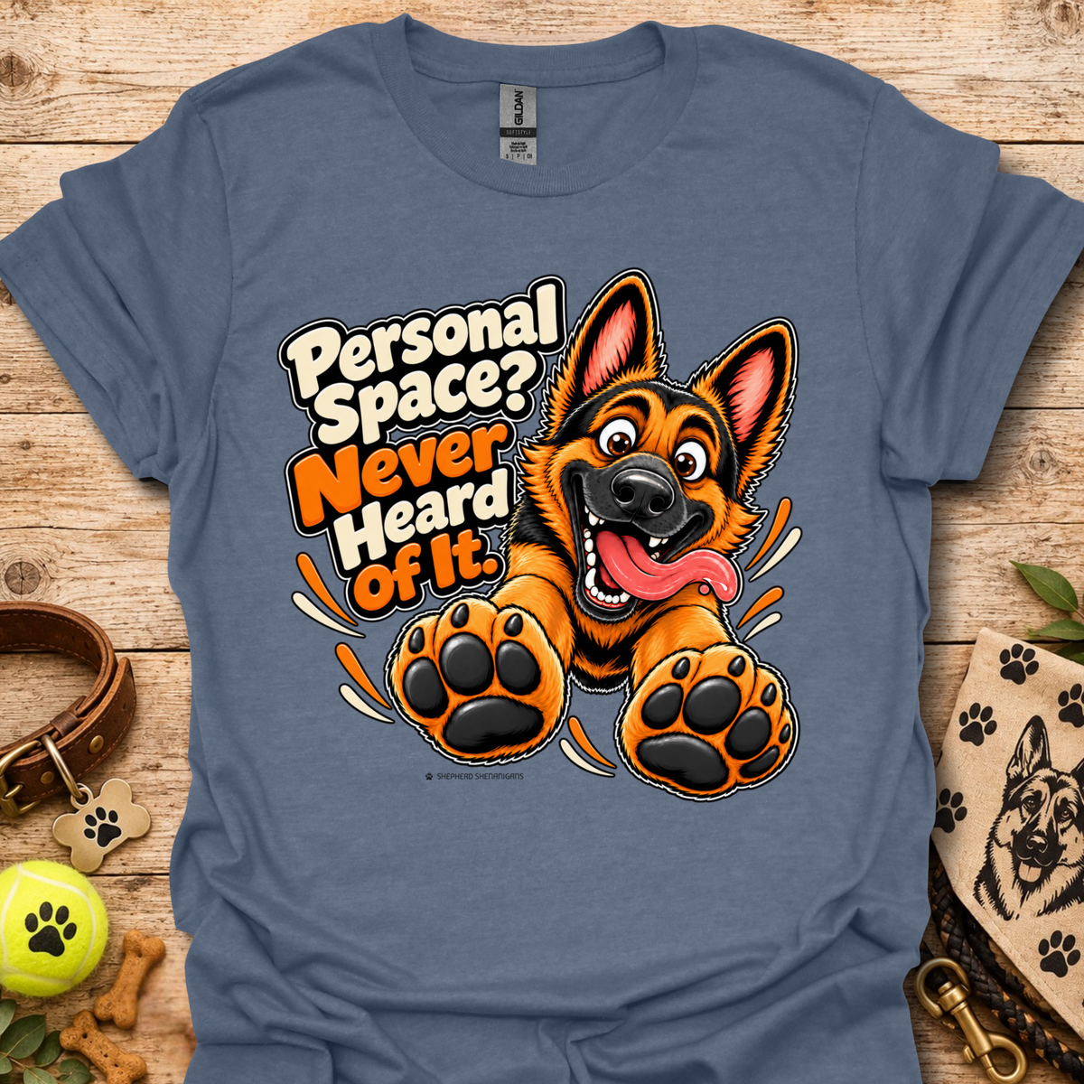 Blue crew-neck graphic T-shirt with German shepherd and paw print design