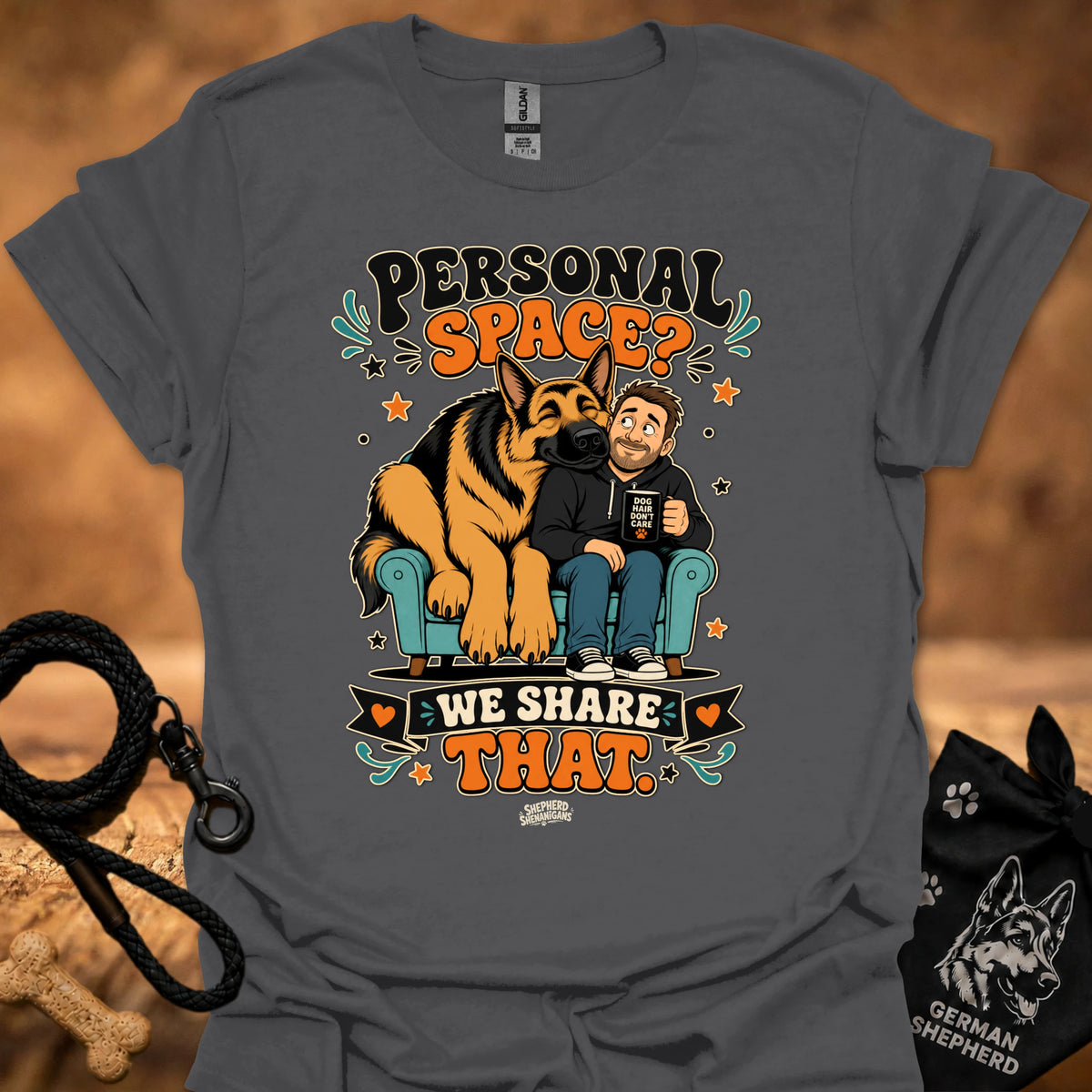 Charcoal grey crew-neck T-shirt with 'Personal Space' graphic of dog and boy
