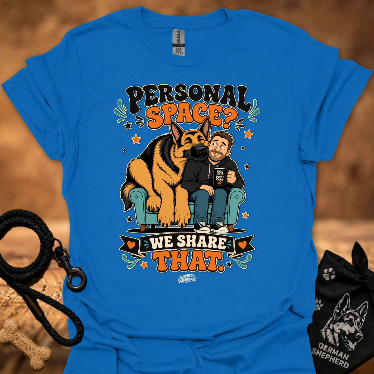 Royal blue crew-neck T-shirt with 'Personal Space' graphic of dog and boy