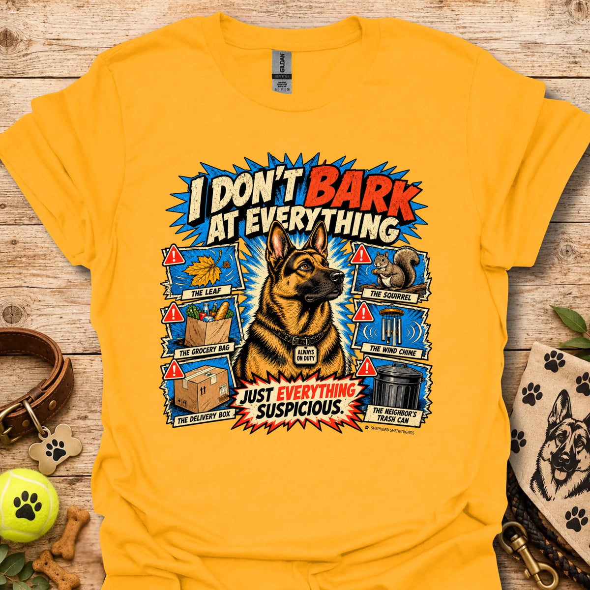 Mustard yellow T-shirt with colorful comic dog graphic and bold slogan print