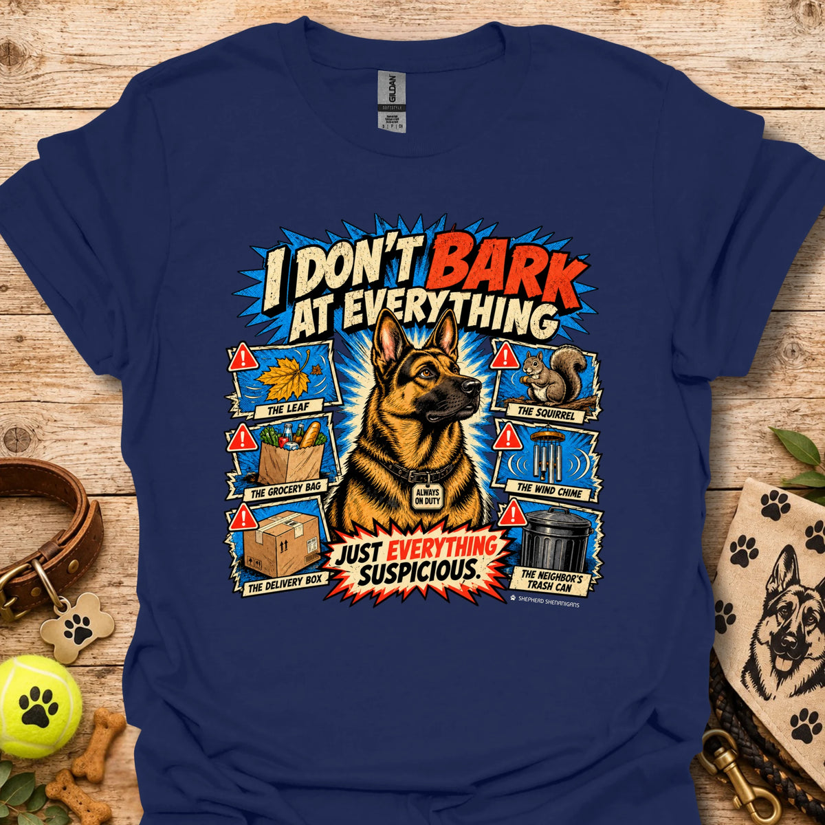 Navy blue T-shirt with colorful comic dog graphic and bold slogan print