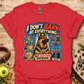 Red T-shirt with colorful comic dog graphic and bold slogan print
