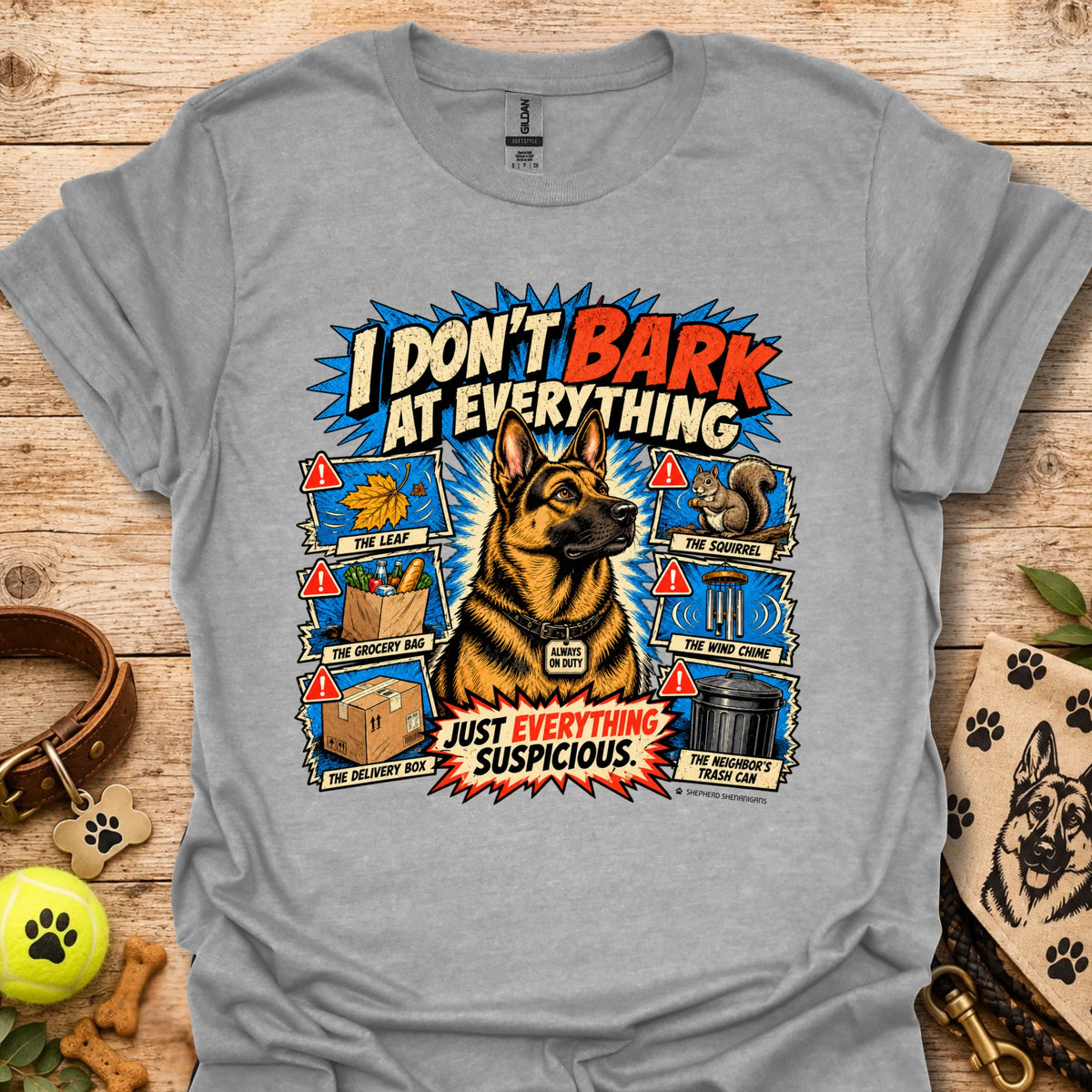 Heather gray T-shirt with colorful comic dog graphic and bold slogan print