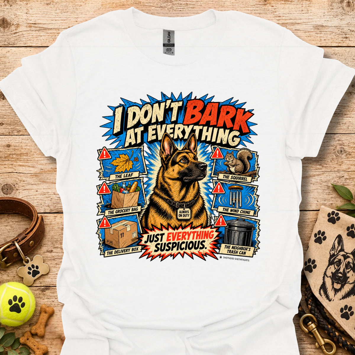 White T-shirt with colorful comic dog graphic and bold slogan print
