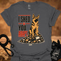 Charcoal crewneck t-shirt with German shepherd graphic and 'I SHED YOU ADAPT' text