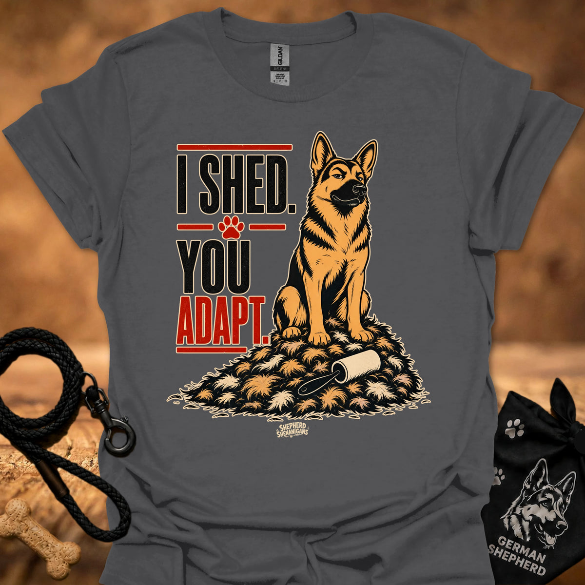 Charcoal crewneck t-shirt with German shepherd graphic and 'I SHED YOU ADAPT' text