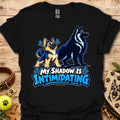 Black t-shirt with two wolf dog graphic and blue “My Shadow Is Intimidating” text