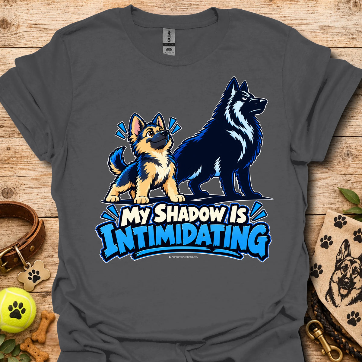 Charcoal t-shirt with wolf dog graphic and blue “My Shadow Is Intimidating” text