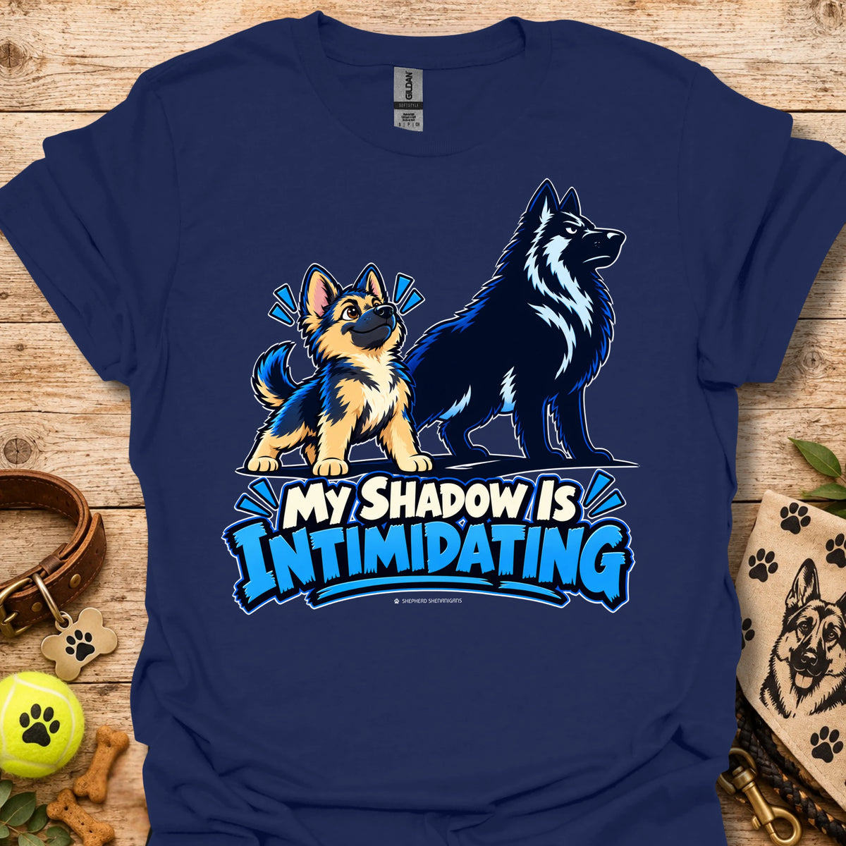 Navy t-shirt with wolf dog graphic and blue “My Shadow Is Intimidating” text