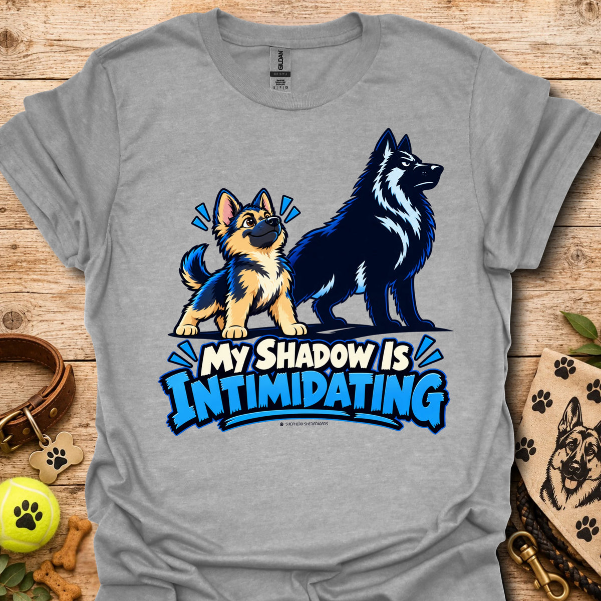 Heather gray t-shirt with wolf dog graphic and blue “My Shadow Is Intimidating” text