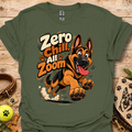 Dark green crew-neck T-shirt with German shepherd cartoon graphic and paw prints