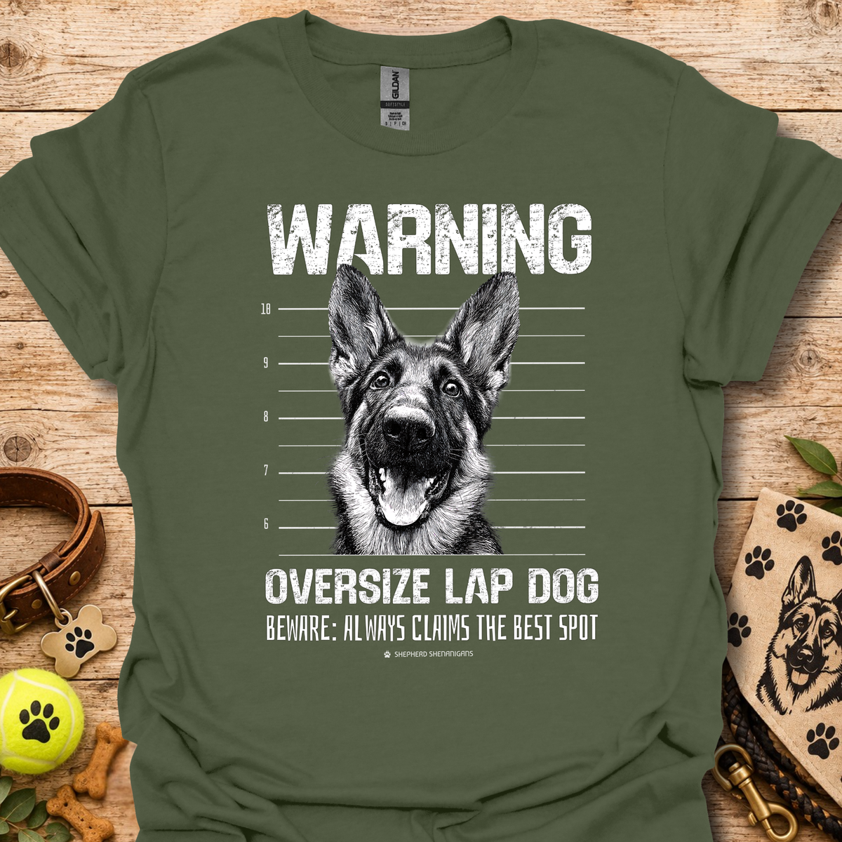 Dog graphic warning T-shirt, olive green with German shepherd portrait print