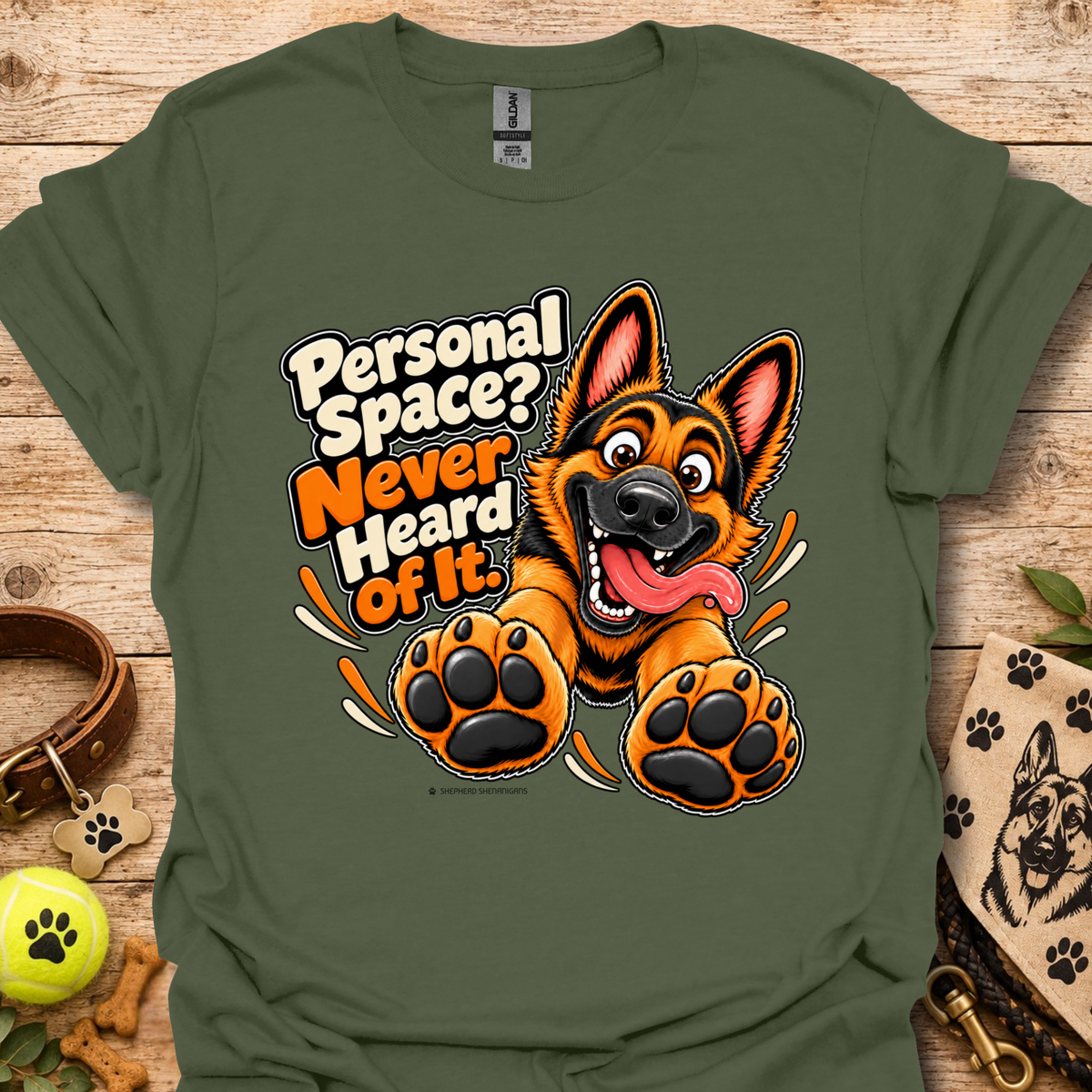 Green crew-neck graphic T-shirt with German shepherd and paw print design