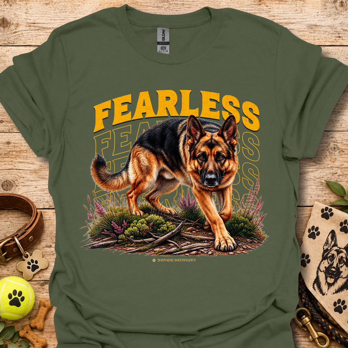 Military green Fearless dog graphic T-shirt with bold yellow 'FEARLESS' front print
