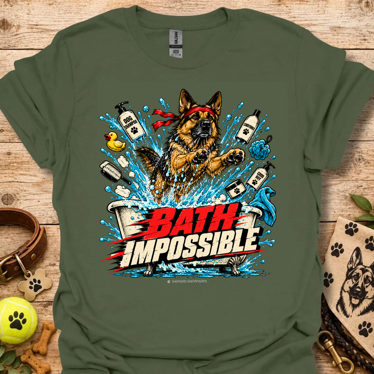 Graphic dog bath T-shirt in olive green with colorful splash and bold dog print