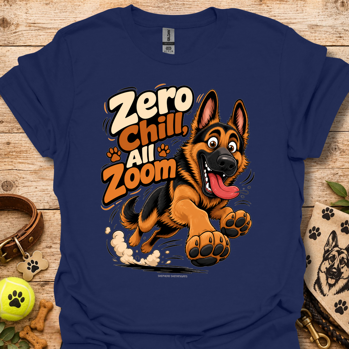Navy crew-neck T-shirt with German shepherd cartoon graphic and paw prints