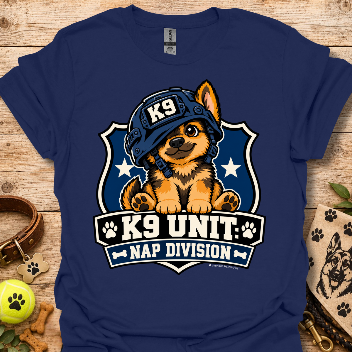 Navy blue T-shirt with K9 Unite Nap Division dog graphic on the front.