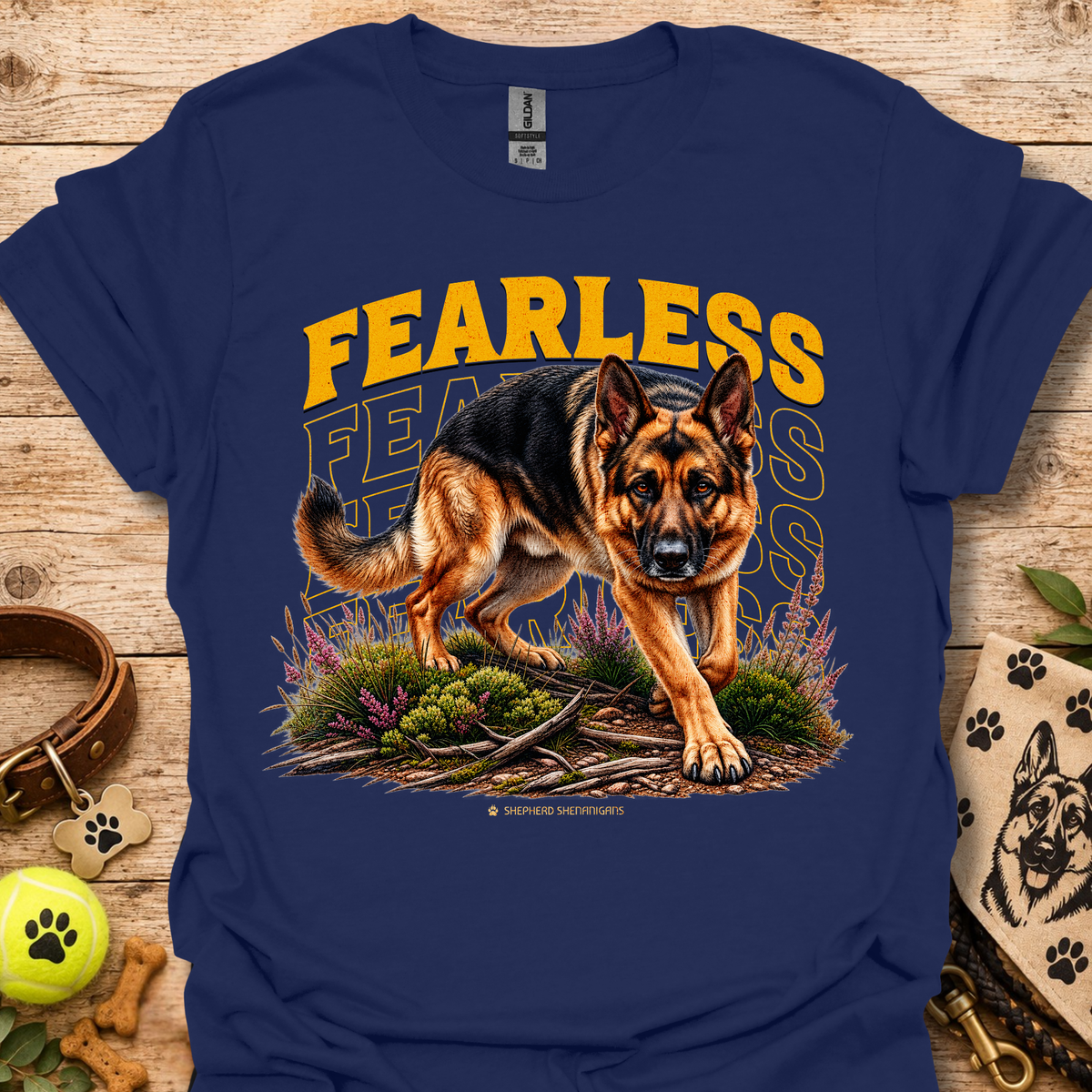 Navy Fearless dog graphic T-shirt with bold yellow 'FEARLESS' front print
